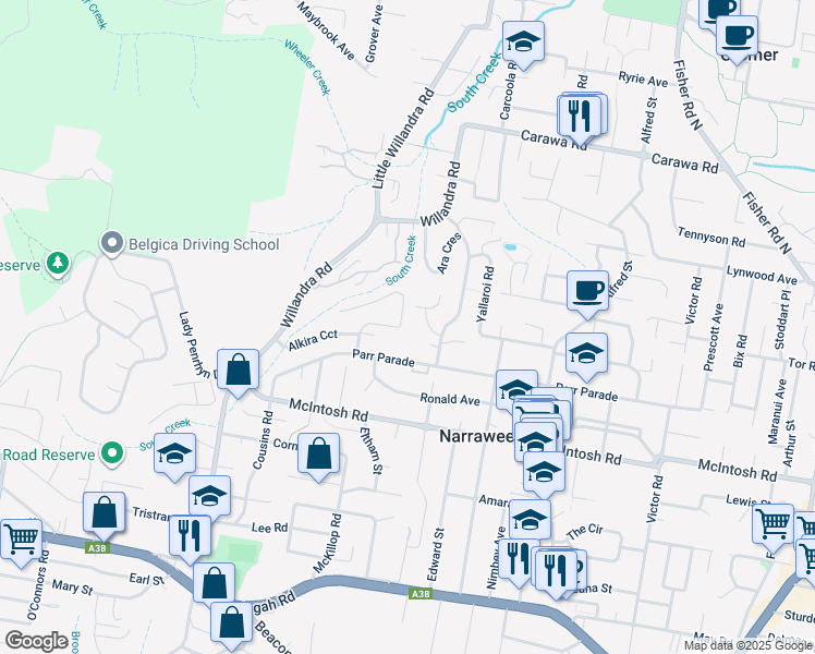 map of restaurants, bars, coffee shops, grocery stores, and more near 30 Towradgi Street in Narraweena