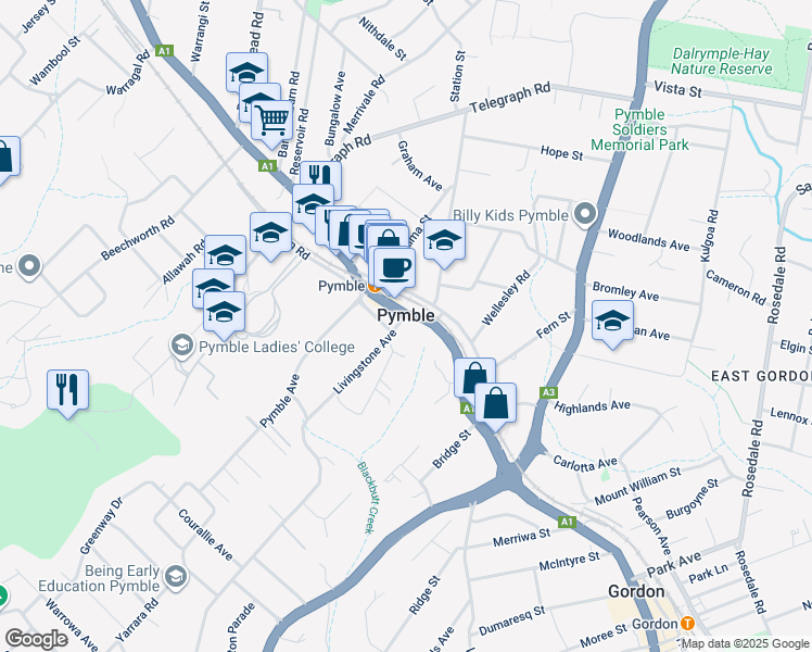 map of restaurants, bars, coffee shops, grocery stores, and more near 1076 Pacific Highway in Pymble