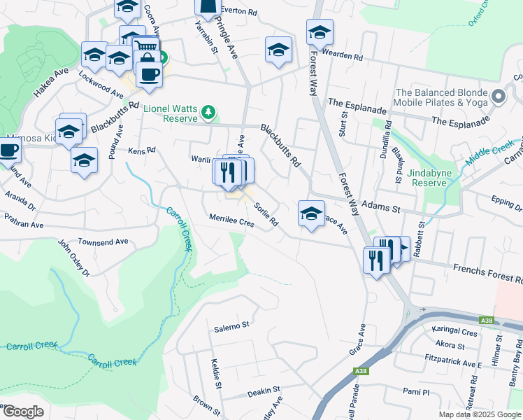 map of restaurants, bars, coffee shops, grocery stores, and more near Sorlie Road in Frenchs Forest