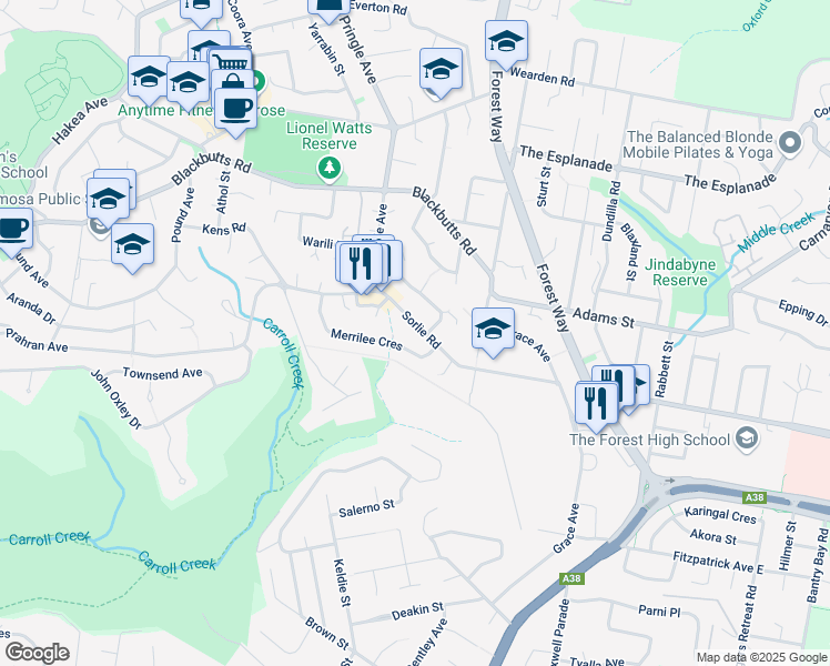 map of restaurants, bars, coffee shops, grocery stores, and more near 45 Sorlie Road in Frenchs Forest