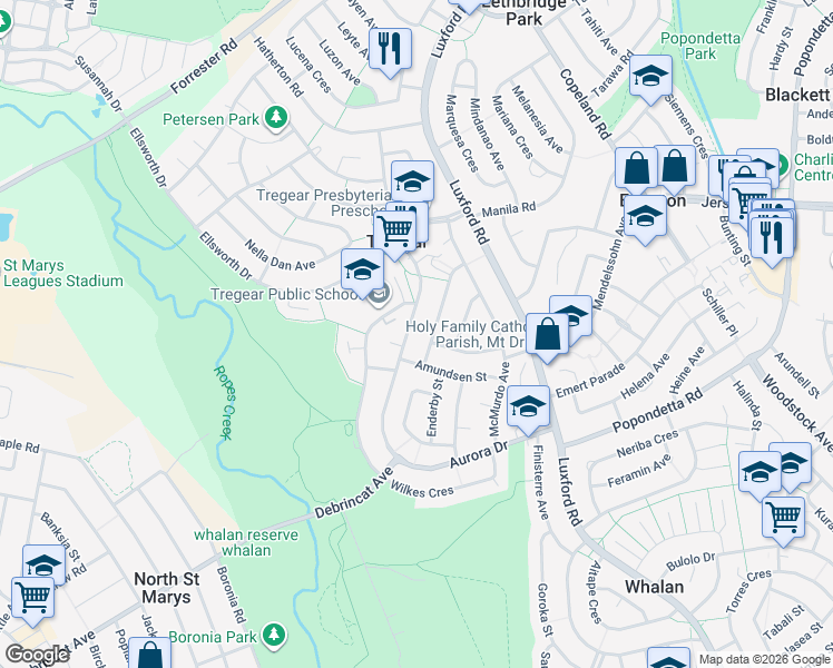 map of restaurants, bars, coffee shops, grocery stores, and more near 94 Aurora Drive in Tregear
