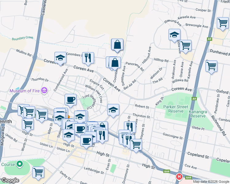 map of restaurants, bars, coffee shops, grocery stores, and more near 132 Coreen Avenue in Penrith
