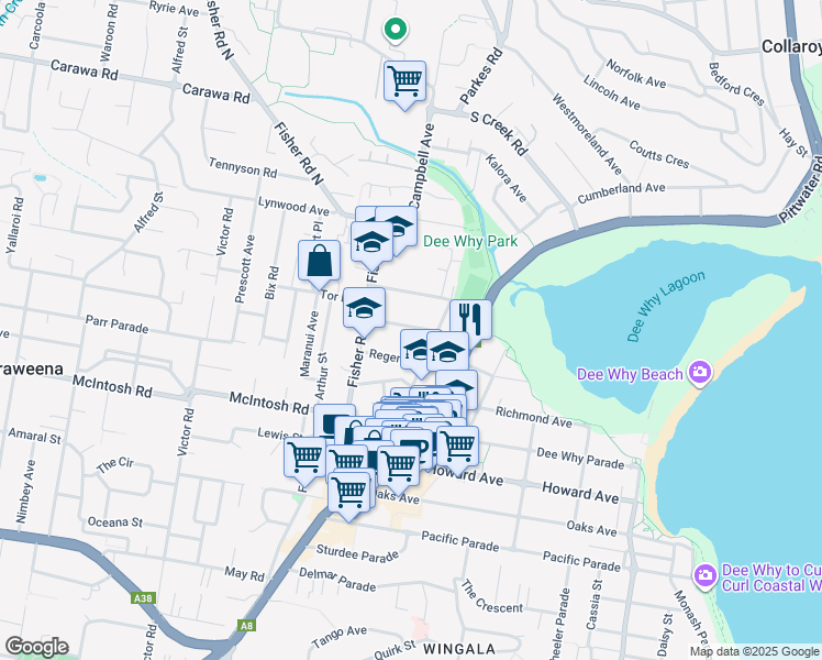 map of restaurants, bars, coffee shops, grocery stores, and more near 6 Holborn Avenue in Dee Why