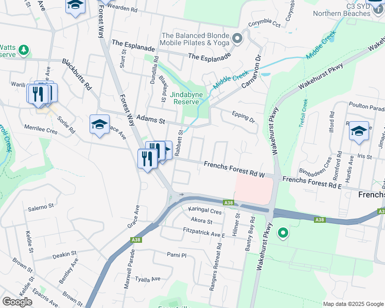 map of restaurants, bars, coffee shops, grocery stores, and more near 6 Cobb Street in Frenchs Forest