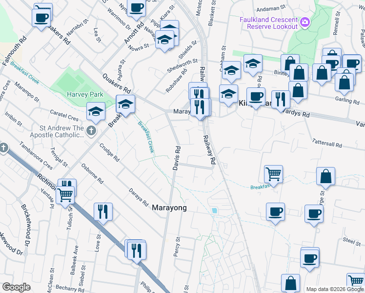 map of restaurants, bars, coffee shops, grocery stores, and more near 105 Davis Road in Marayong
