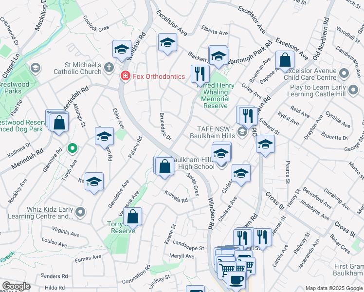 map of restaurants, bars, coffee shops, grocery stores, and more near 70 Carver Crescent in Baulkham Hills