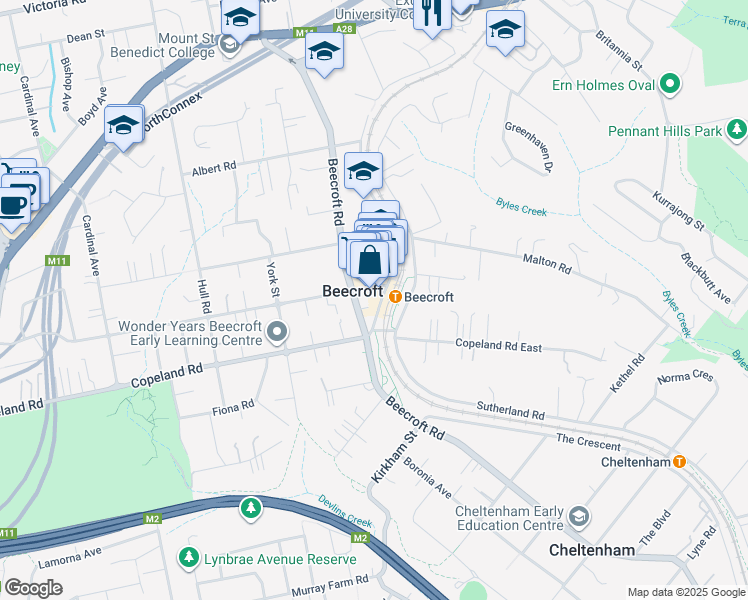 map of restaurants, bars, coffee shops, grocery stores, and more near 5 Wongala Crescent in Beecroft