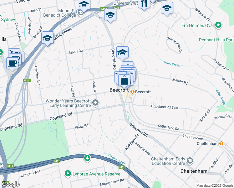 map of restaurants, bars, coffee shops, grocery stores, and more near 76 Beecroft Road in Beecroft