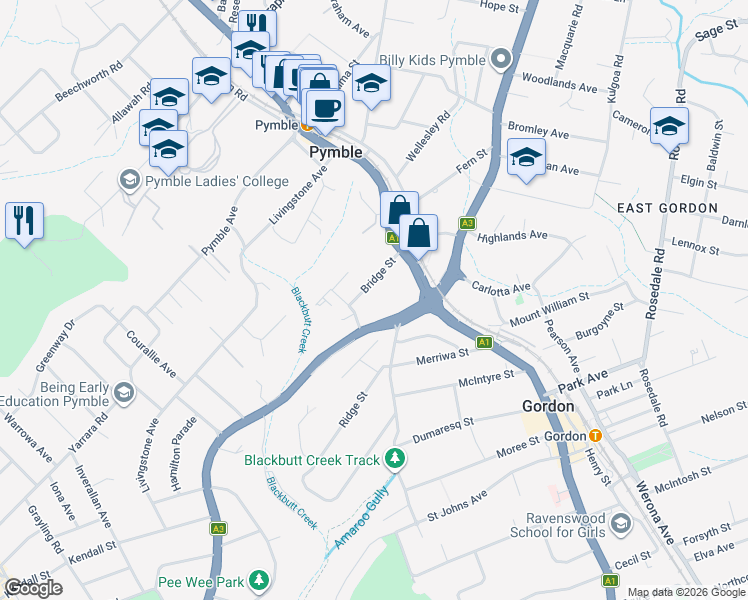 map of restaurants, bars, coffee shops, grocery stores, and more near 20 Bridge Street in Pymble