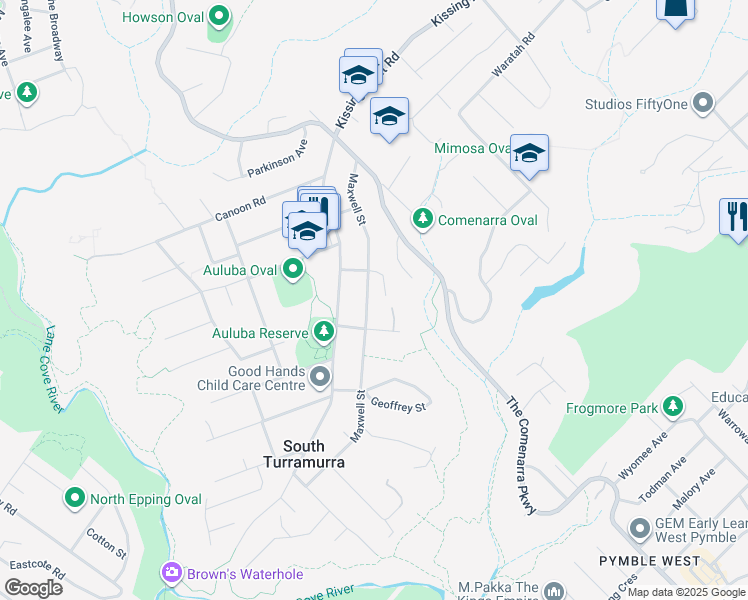 map of restaurants, bars, coffee shops, grocery stores, and more near 50 Maxwell Street in South Turramurra