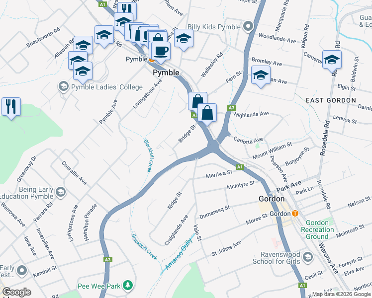 map of restaurants, bars, coffee shops, grocery stores, and more near 20 Bridge Street in Pymble