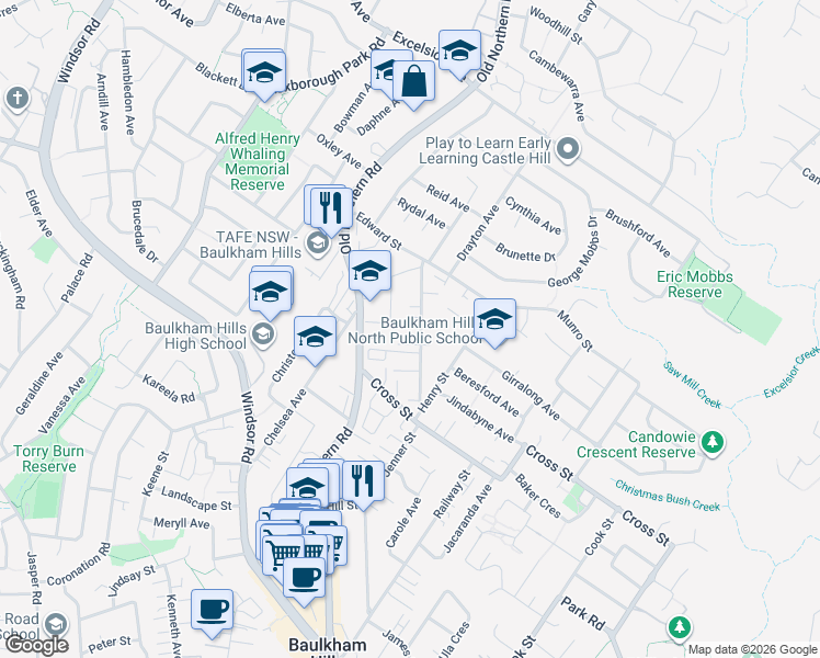 map of restaurants, bars, coffee shops, grocery stores, and more near 28 Pearce Street in Baulkham Hills