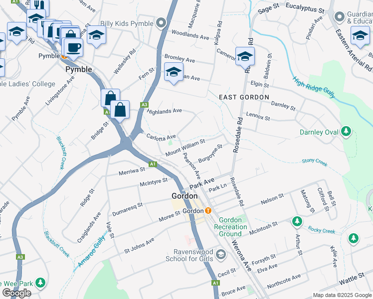 map of restaurants, bars, coffee shops, grocery stores, and more near 27 Pearson Avenue in Gordon