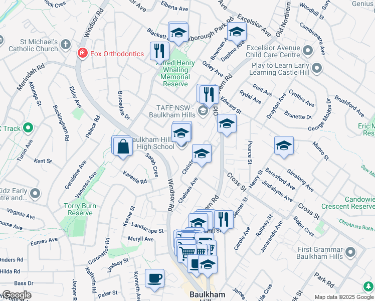 map of restaurants, bars, coffee shops, grocery stores, and more near 419A Windsor Road in Baulkham Hills