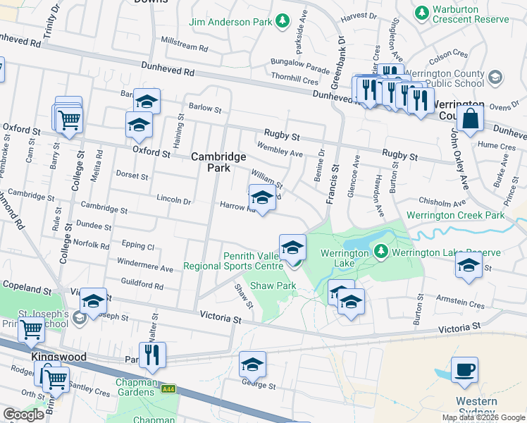 map of restaurants, bars, coffee shops, grocery stores, and more near Harrow Road in Cambridge Park