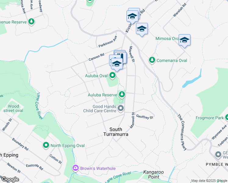 map of restaurants, bars, coffee shops, grocery stores, and more near 235 Kissing Point Road in South Turramurra