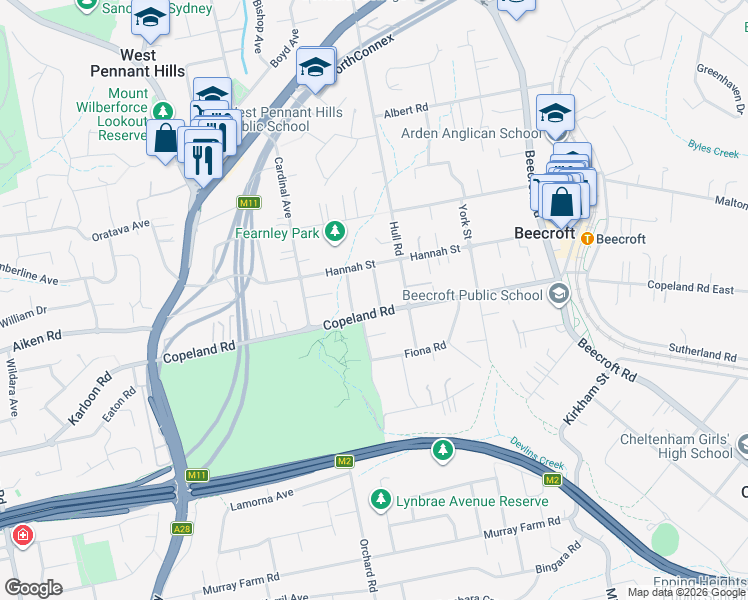 map of restaurants, bars, coffee shops, grocery stores, and more near 10 Rorke Street in Beecroft