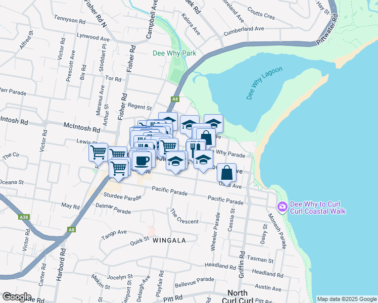 map of restaurants, bars, coffee shops, grocery stores, and more near 37 Dee Why Parade in Dee Why