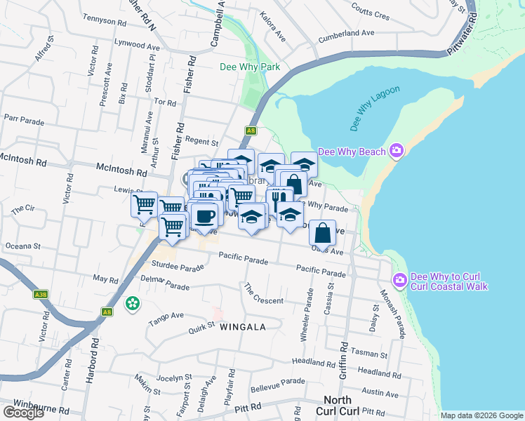 map of restaurants, bars, coffee shops, grocery stores, and more near 42 Howard Avenue in Dee Why