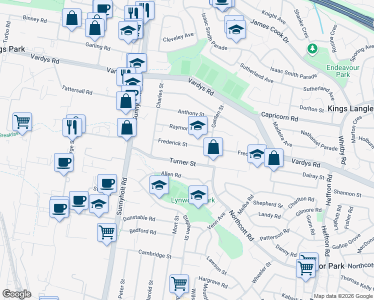 map of restaurants, bars, coffee shops, grocery stores, and more near 28 Frederick Street in Blacktown