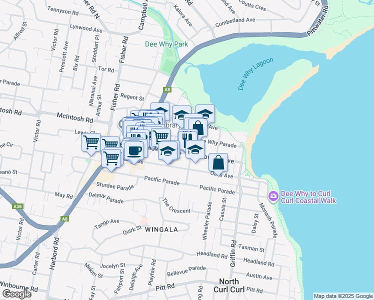 map of restaurants, bars, coffee shops, grocery stores, and more near 52 Howard Avenue in Dee Why