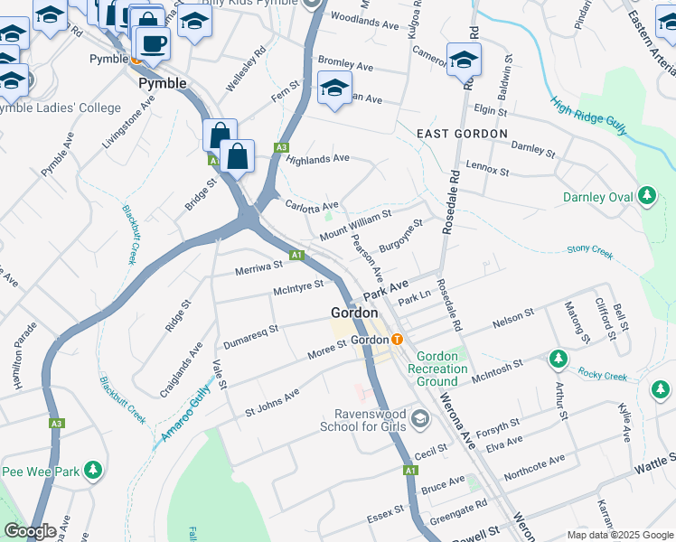 map of restaurants, bars, coffee shops, grocery stores, and more near 803 Pacific Highway in Gordon