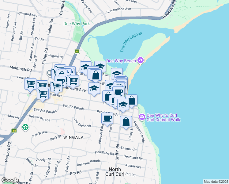 map of restaurants, bars, coffee shops, grocery stores, and more near 98 Howard Avenue in Dee Why