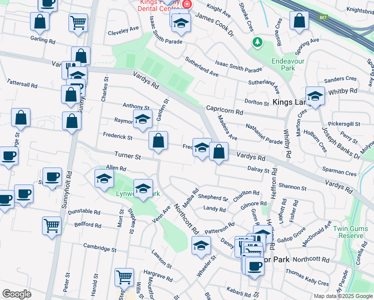 map of restaurants, bars, coffee shops, grocery stores, and more near 72 Frederick Street in Blacktown