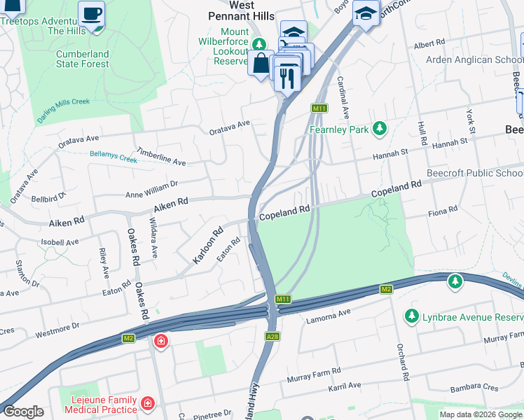 map of restaurants, bars, coffee shops, grocery stores, and more near 5 Copeland Road in Beecroft