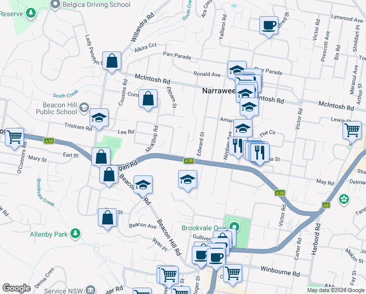 map of restaurants, bars, coffee shops, grocery stores, and more near 7 Lascelles Road South in Narraweena