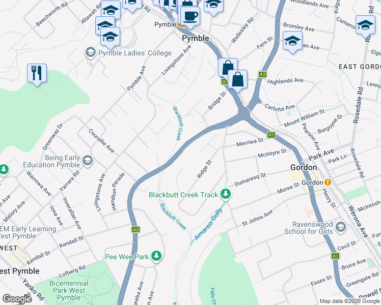 map of restaurants, bars, coffee shops, grocery stores, and more near 36 Holford Crescent in Gordon
