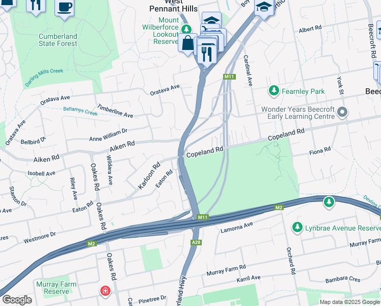 map of restaurants, bars, coffee shops, grocery stores, and more near 5 Copeland Road in Beecroft