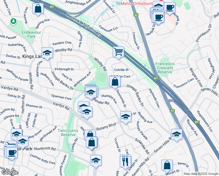 map of restaurants, bars, coffee shops, grocery stores, and more near Joseph Banks Drive in Kings Langley