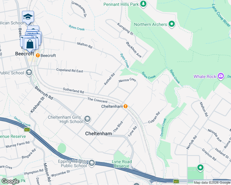 map of restaurants, bars, coffee shops, grocery stores, and more near 19 Chorley Avenue in Cheltenham