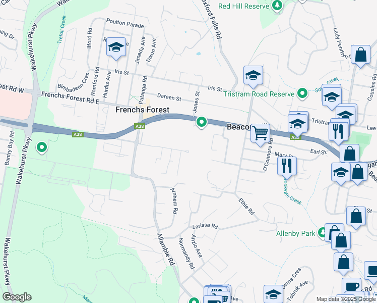 map of restaurants, bars, coffee shops, grocery stores, and more near 20 Rodborough Road in Frenchs Forest