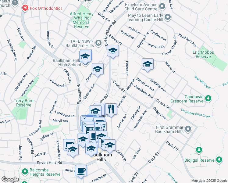 map of restaurants, bars, coffee shops, grocery stores, and more near 2 Cross Street in Baulkham Hills