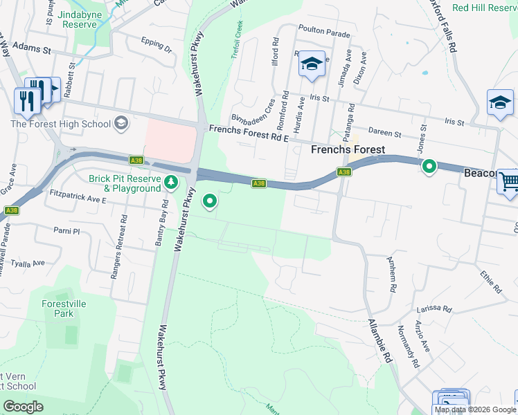 map of restaurants, bars, coffee shops, grocery stores, and more near 431 Warringah Road in Frenchs Forest
