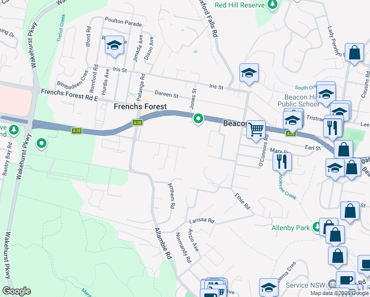 map of restaurants, bars, coffee shops, grocery stores, and more near 20 Rodborough Road in Frenchs Forest