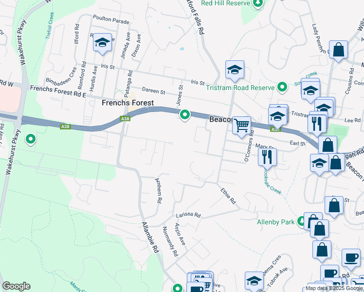 map of restaurants, bars, coffee shops, grocery stores, and more near 20 Rodborough Road in Frenchs Forest