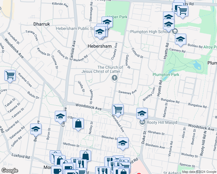 map of restaurants, bars, coffee shops, grocery stores, and more near 11 Cavill Street in Hebersham