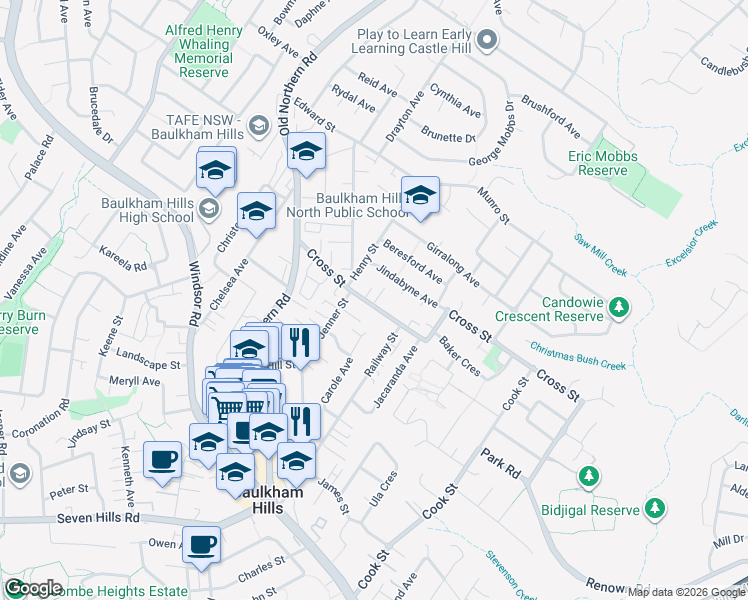 map of restaurants, bars, coffee shops, grocery stores, and more near 27 Cross Street in Baulkham Hills