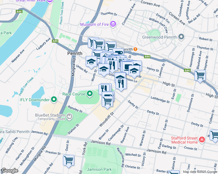 map of restaurants, bars, coffee shops, grocery stores, and more near 30 Union Road in Penrith