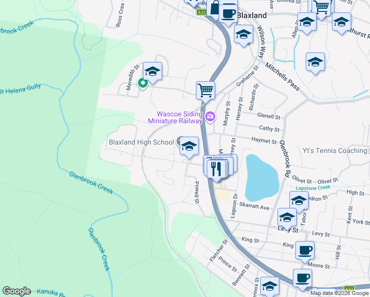 map of restaurants, bars, coffee shops, grocery stores, and more near 9 Coughlan Road in Blaxland