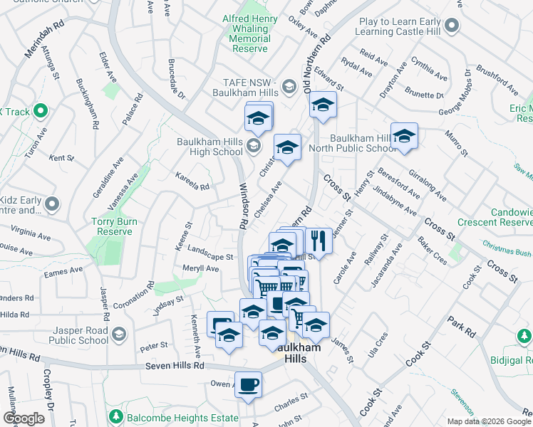 map of restaurants, bars, coffee shops, grocery stores, and more near 19-23 Chelsea Avenue in Baulkham Hills