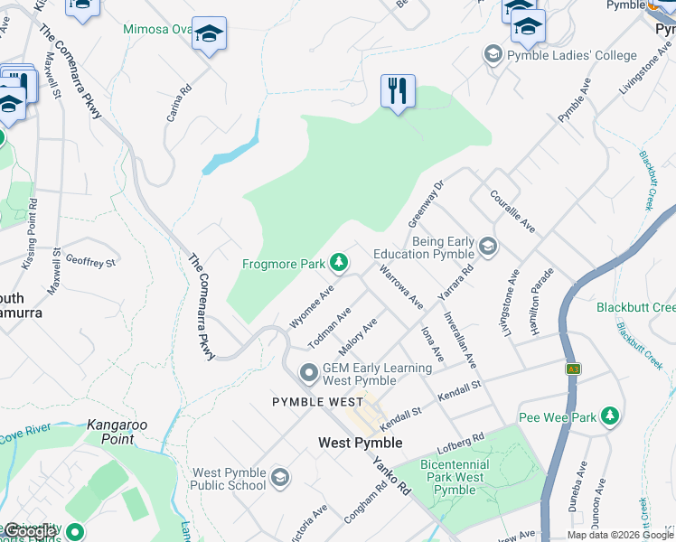map of restaurants, bars, coffee shops, grocery stores, and more near 33 Wyomee Avenue in West Pymble