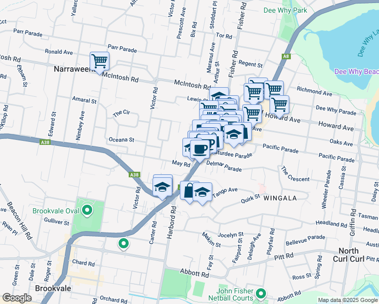 map of restaurants, bars, coffee shops, grocery stores, and more near 12 Mooramba Road in Dee Why