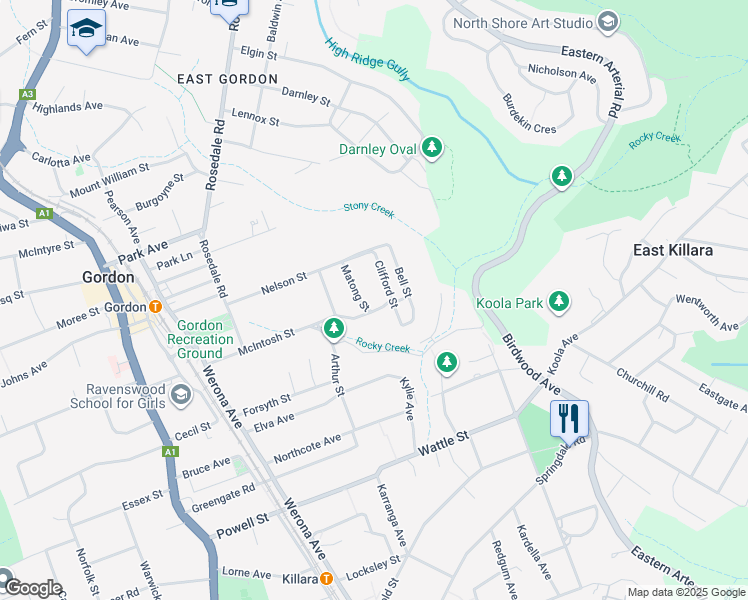 map of restaurants, bars, coffee shops, grocery stores, and more near 66 McIntosh Street in Gordon