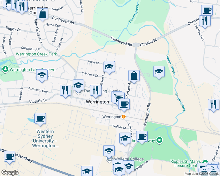 map of restaurants, bars, coffee shops, grocery stores, and more near 75-77 Albert Street in Werrington