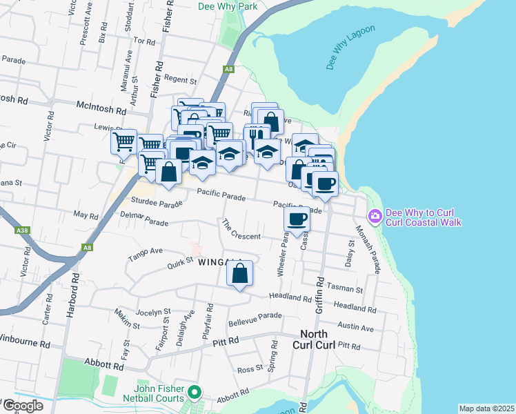 map of restaurants, bars, coffee shops, grocery stores, and more near 91 Pacific Parade in Dee Why