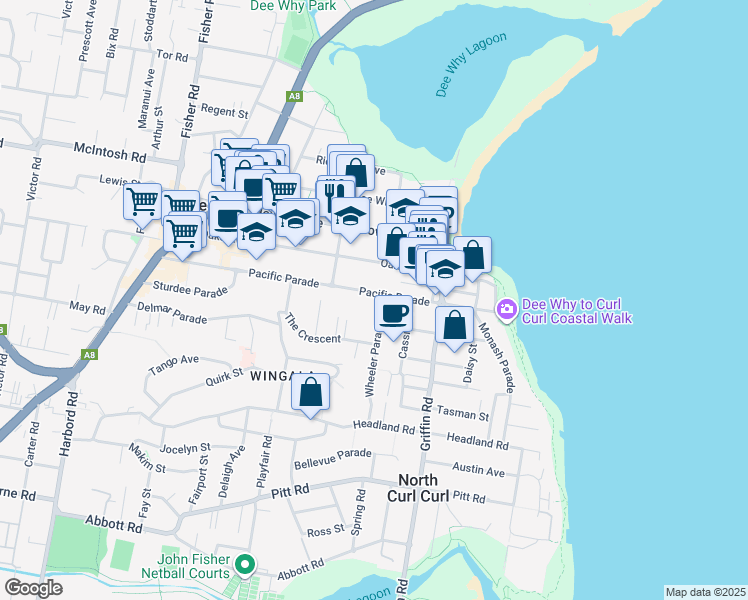 map of restaurants, bars, coffee shops, grocery stores, and more near 111 Pacific Parade in Dee Why